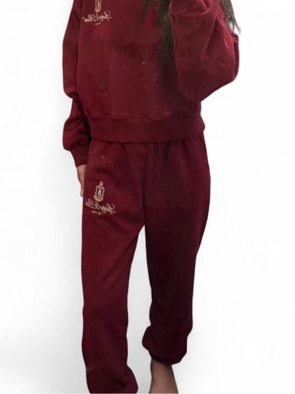 Sporty & Rich Burgundy Jogger Sweatpants and hoodie
